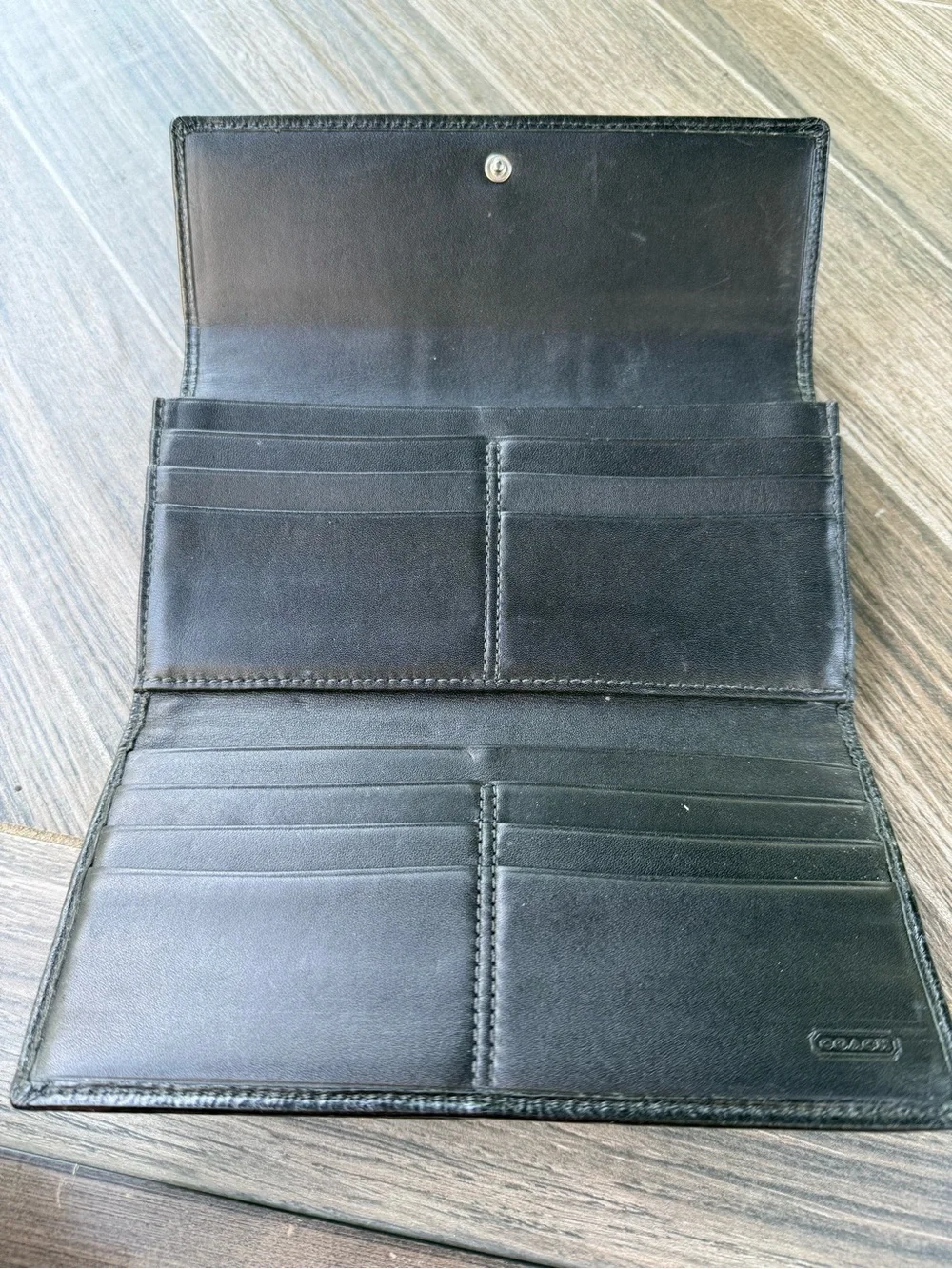 Coach Logo Black Tri-Fold Wallet with Snake-Print Center Stripe